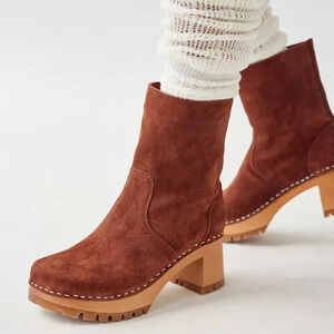Swedish Hasbeens Suede Teddy Boots Platform Cognac Block Heel Pull On‎ Sz 37 / 7